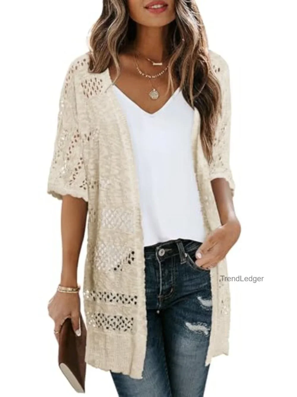 Crochet Open Front Cardigan Short Sleeve Knit Sweater Lightweight Summer Cover